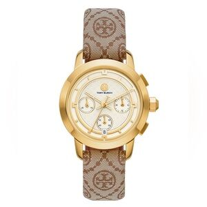 NWOT Tory Burch chronograph The Tory hazelnut Jacquard and Leather watch.